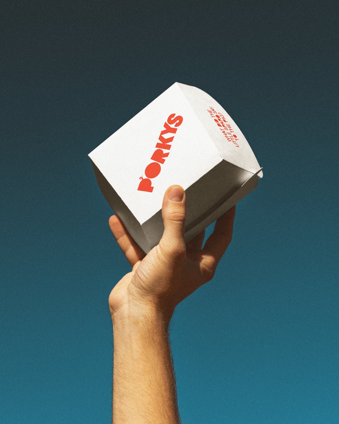 Hand holding a Porkys burger box against a blue sky